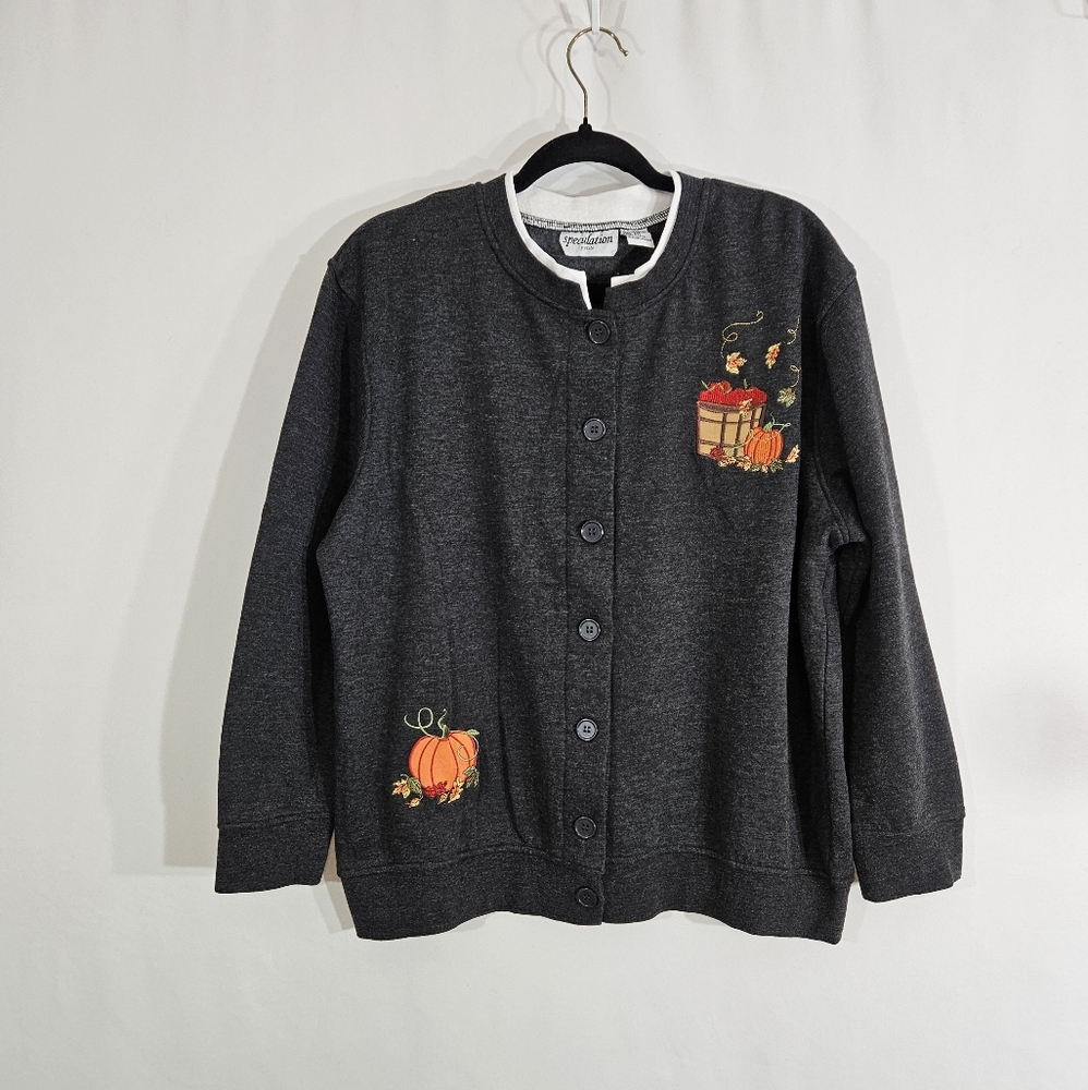 Speculation fall pumpkin button up sweater women's size medium petite